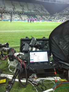 My workplace tonight at the Arena Corinthians, Sao Paulo, for the Uruguay v England game which England lost 2-1. There's a 1DX, 1DIV and 1DIII with 400 2.8, 70-200 and 24 lenses, plus laptio and hidden wifi router. Photo by Andrew Tobin/Tobinators Ltd